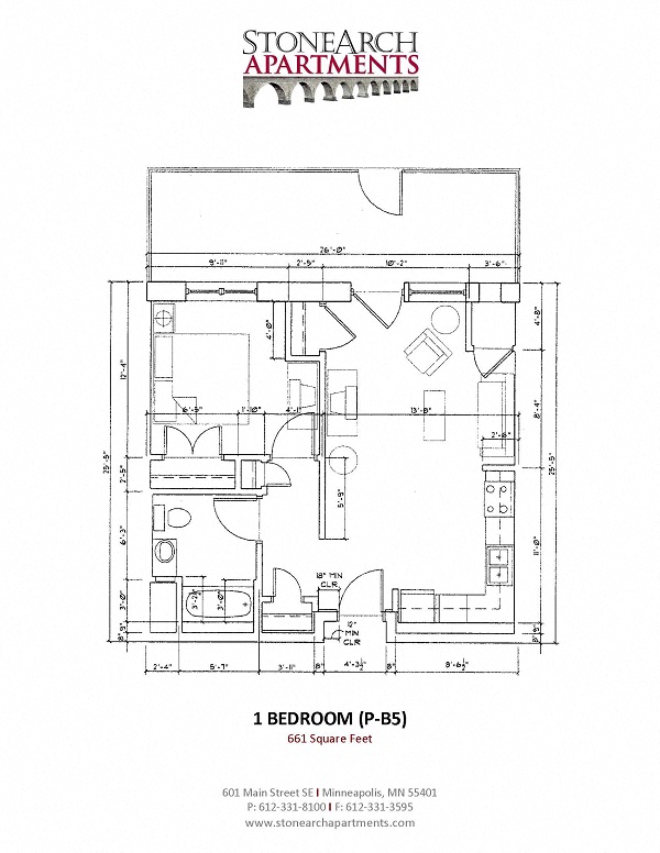 Floor plan for 1 bed, 1 bath, 661 sqft