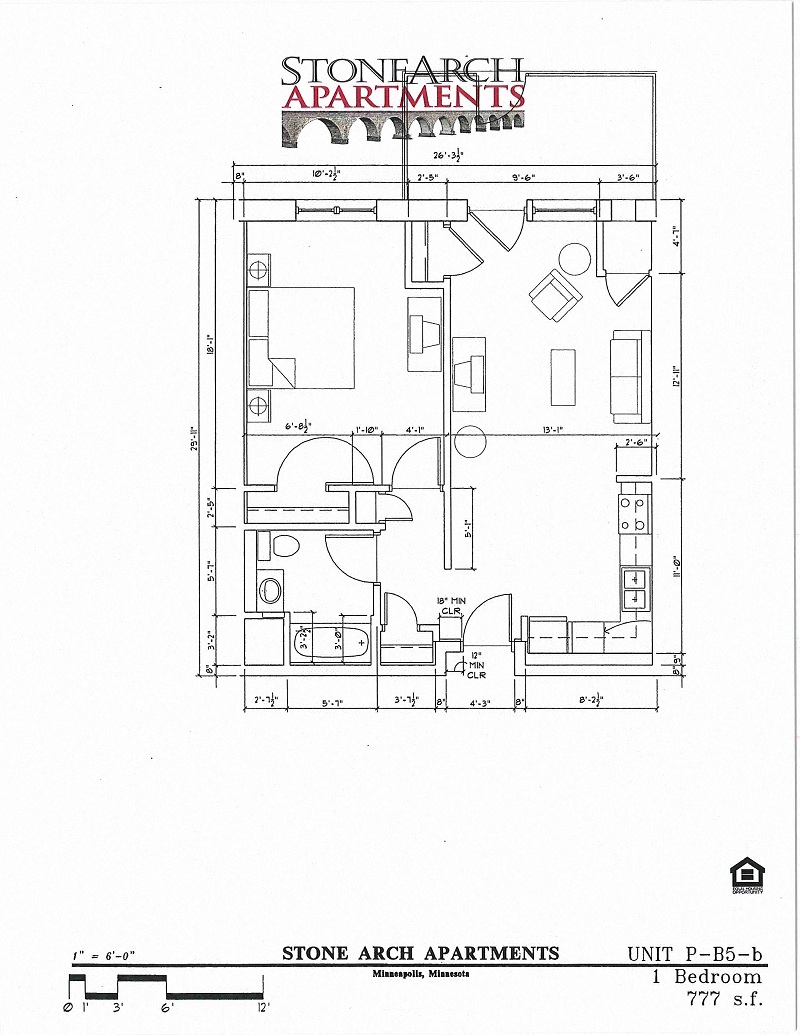 Floor plan for 1 bed, 1 bath, 777 sqft