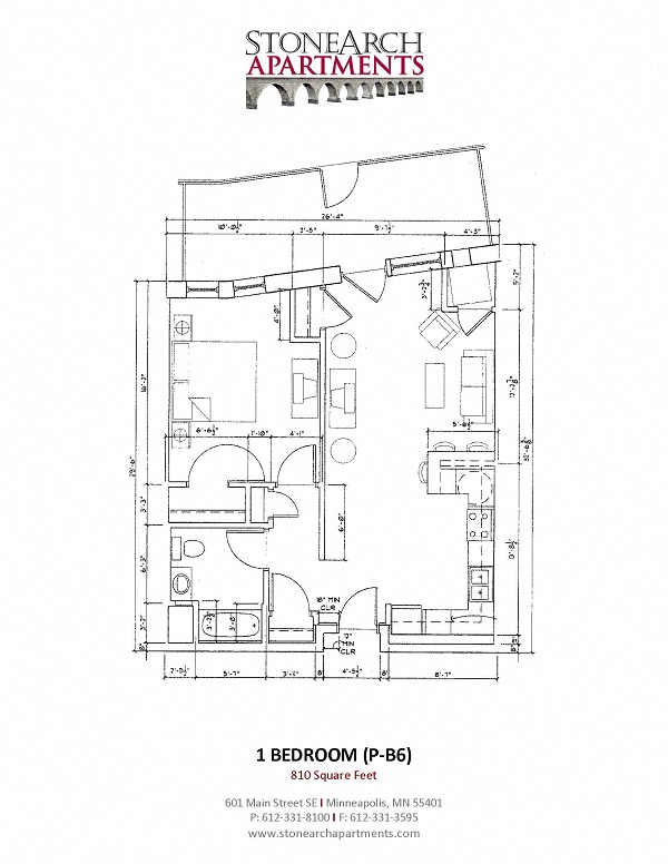 Floor plan for 1 bed, 1 bath, 810 sqft