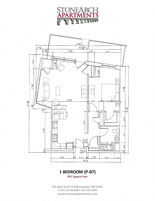 Floor plan for 1 bed, 1 bath, 992 sqft