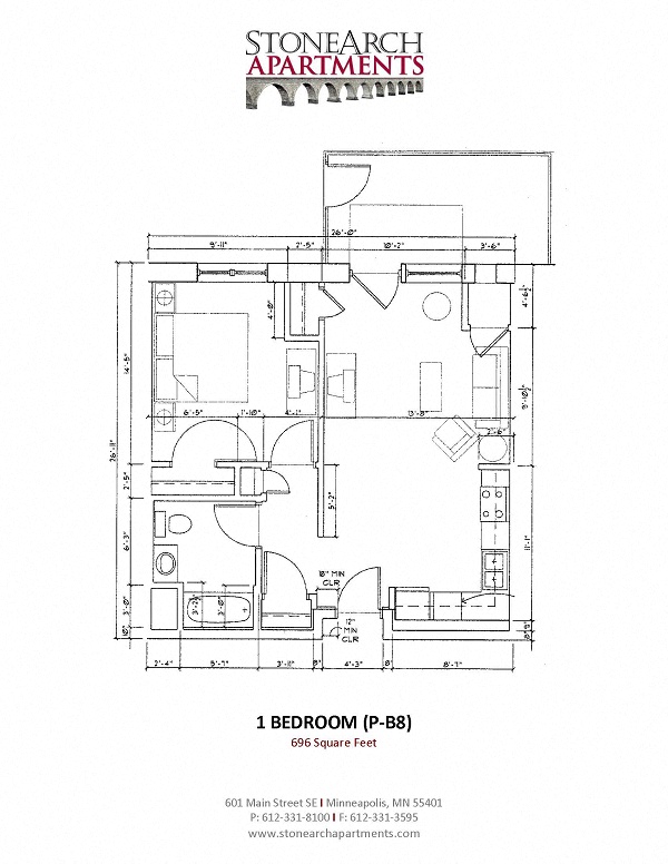 Floor plan for 1 bed, 1 bath, 696 sqft