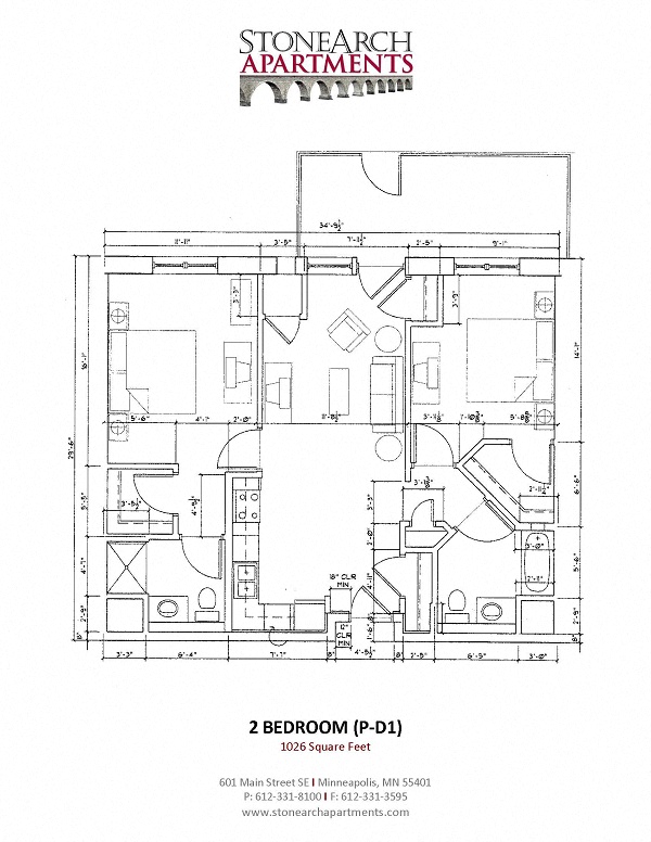 Floor plan for 2 beds, 2 baths, 1026 sqft