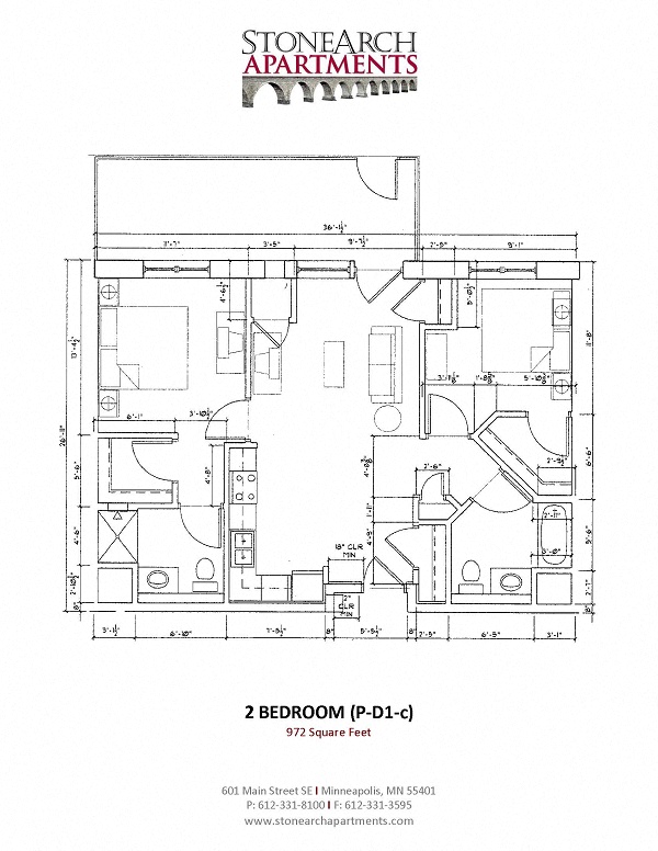 Floor plan for 2 beds, 2 baths, 972 sqft