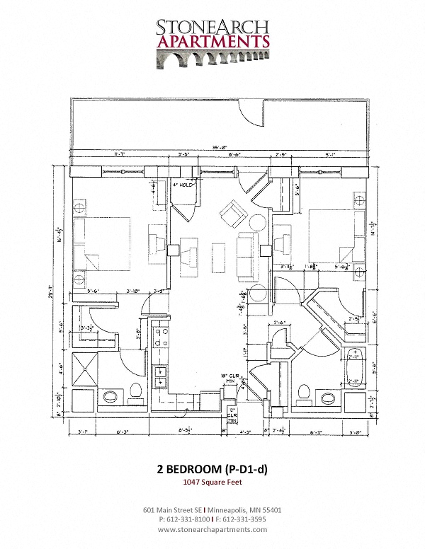 Floor plan for 2 beds, 2 baths, 1047 sqft