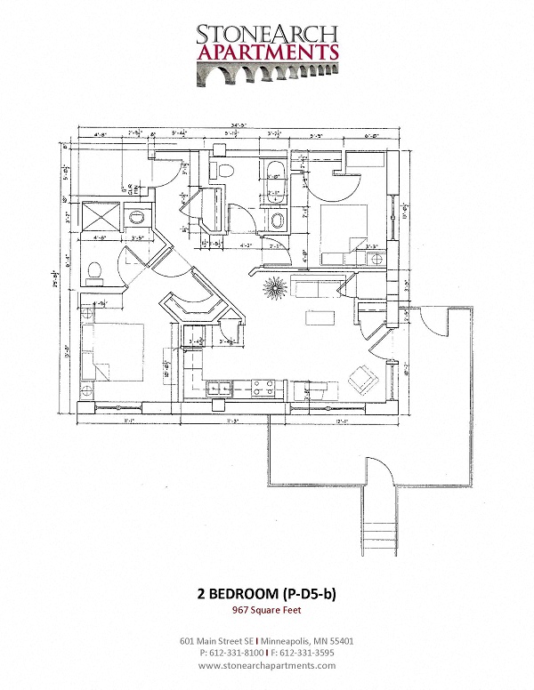 Floor plan for 2 beds, 2 baths, 967 sqft