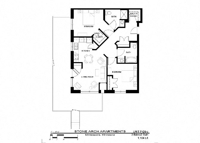 Floor plan for 2 beds, 2 baths, 1104 sqft