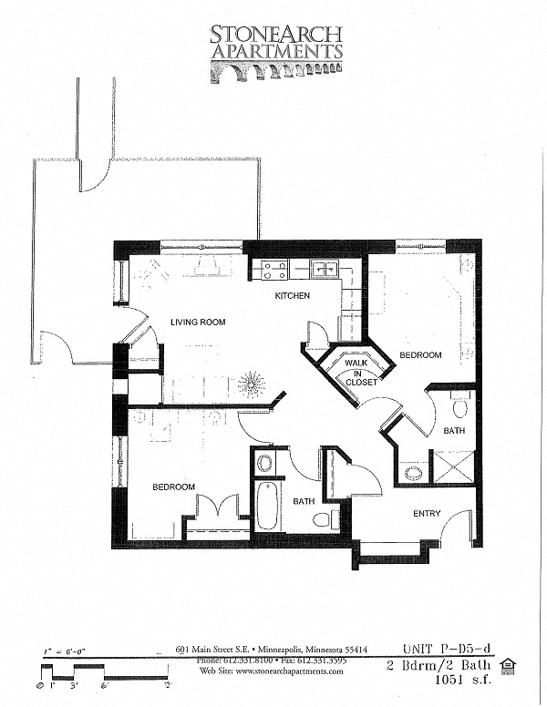 Floor plan for 2 beds, 2 baths, 1051 sqft