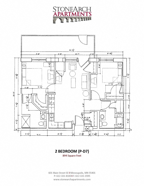 Floor plan for 2 beds, 2 baths, 894 sqft