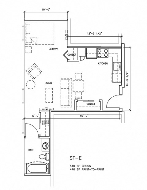 Floor plan for studio, 1 bath, 470 sqft