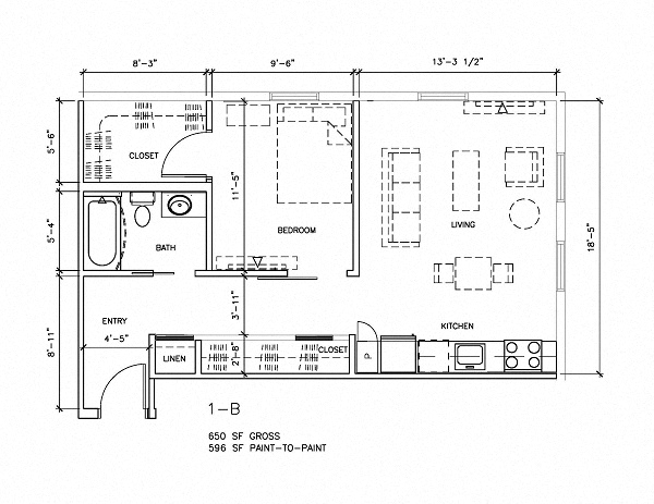 Floor plan for 1 bed, 1 bath, 596 sqft