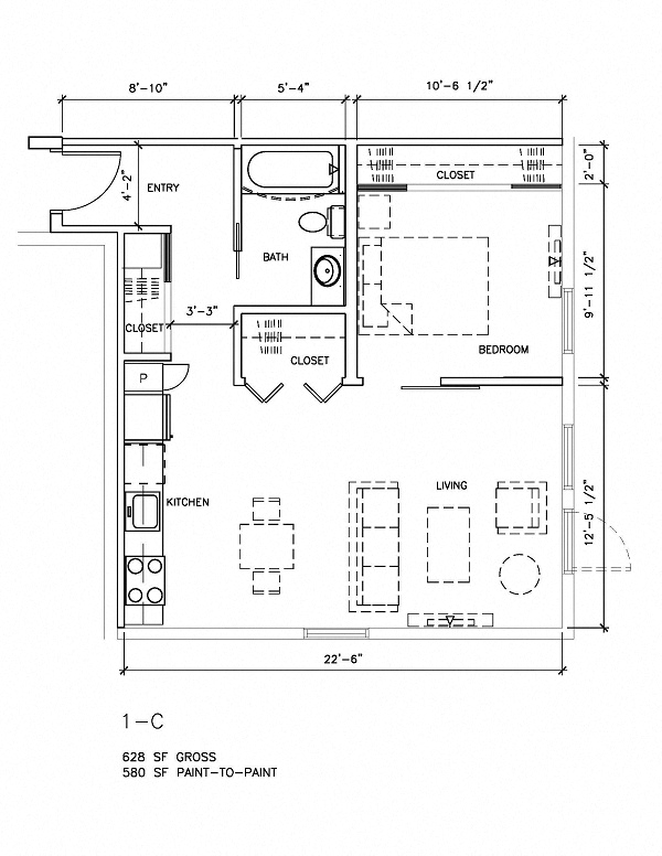 Floor plan for 1 bed, 1 bath, 580 sqft