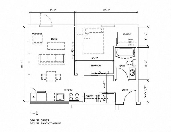 Floor plan for 1 bed, 1 bath, 532 sqft