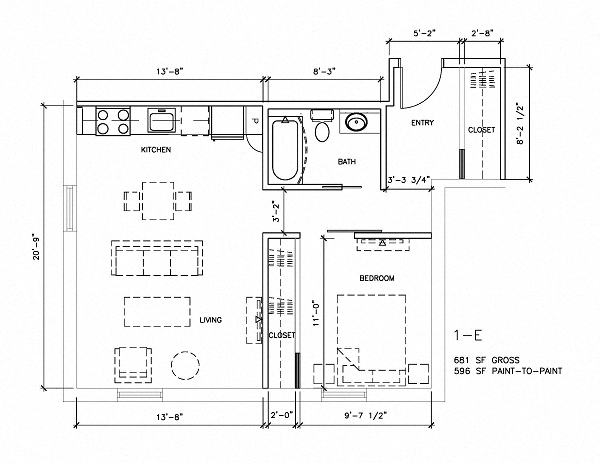 Floor plan for 1 bed, 1 bath, 596 sqft