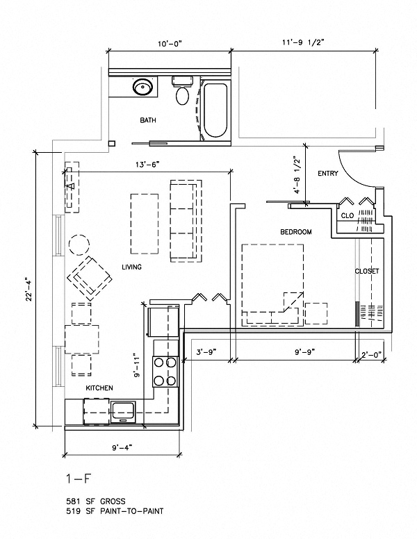 Floor plan for 1 bed, 1 bath, 519 sqft
