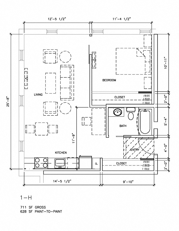 Floor plan for 1 bed, 1 bath, 628 sqft