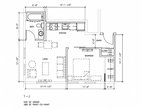 Floor plan for 1 bed, 1 bath, 488 sqft