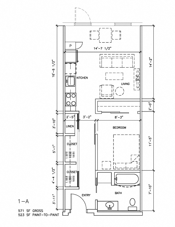 Floor plan for 1 bed, 1 bath, 523 sqft