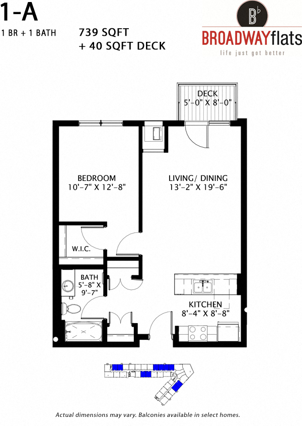 Floor plan for 1 bed, 1 bath, 739 sqft