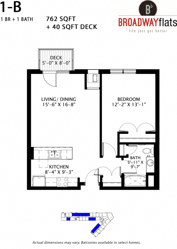 Floor plan for 1 bed, 1 bath, 762 sqft