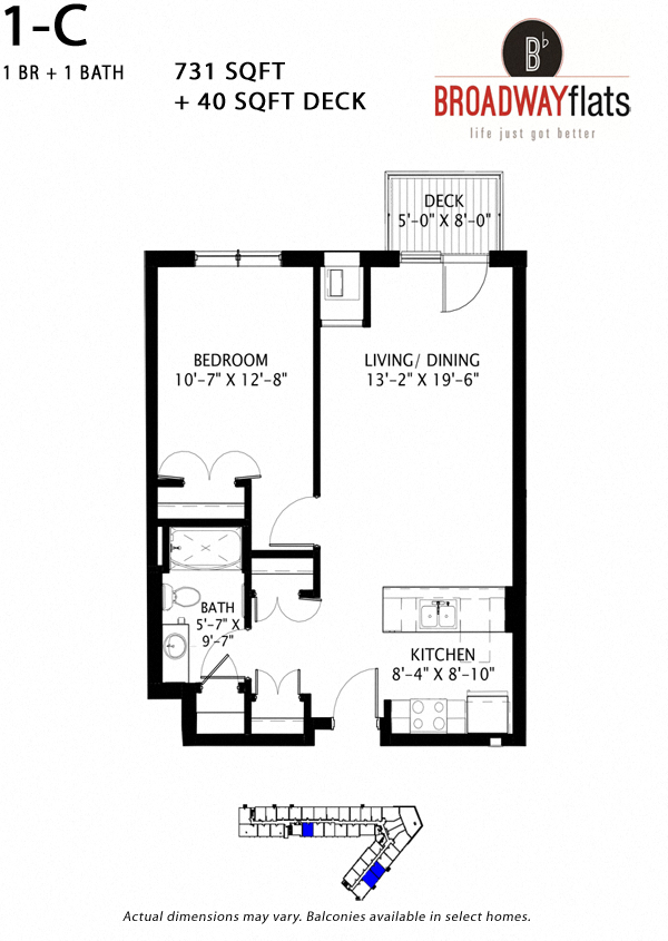Floor plan for 1 bed, 1 bath, 731 sqft