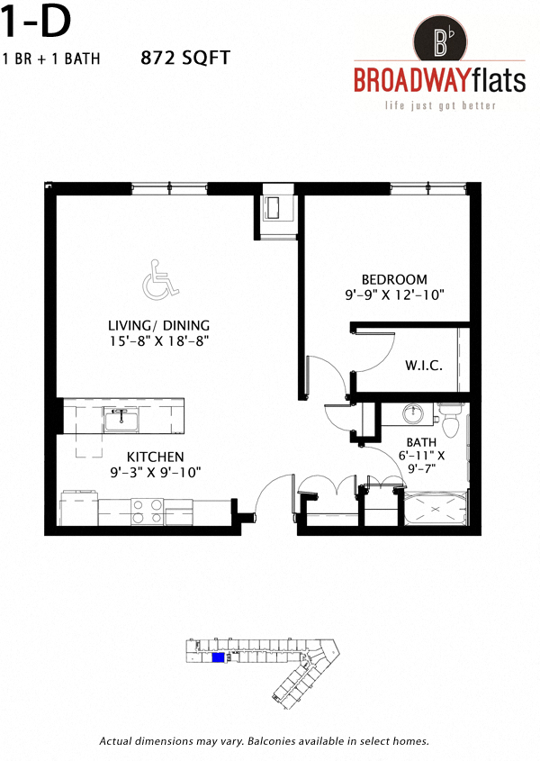 Floor plan for 1 bed, 1 bath, 872 sqft