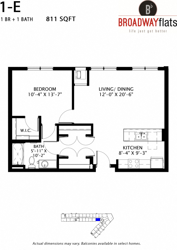 Floor plan for 1 bed, 1 bath, 811 sqft