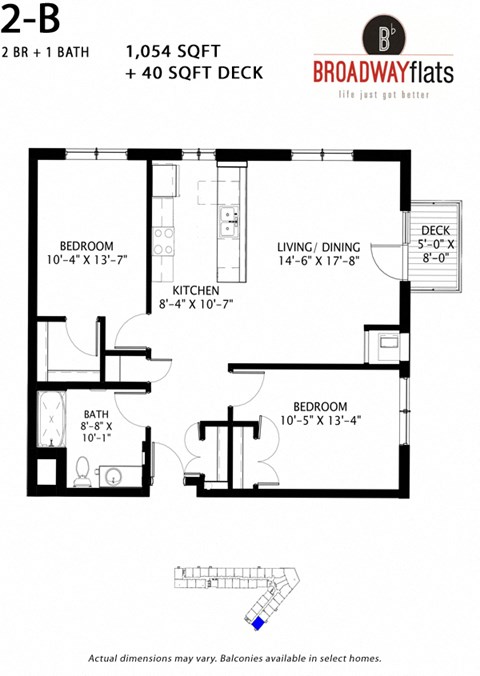Floor plan for 2 beds, 1 bath, 1054 sqft