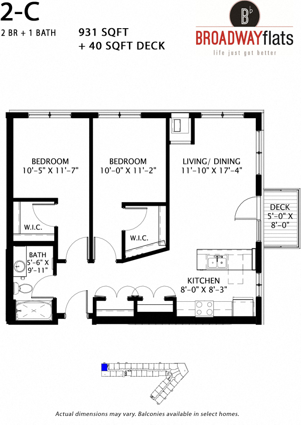 Floor plan for 2 beds, 1 bath, 931 sqft