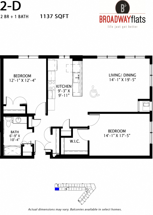 Floor plan for 2 beds, 1 bath, 1137 sqft