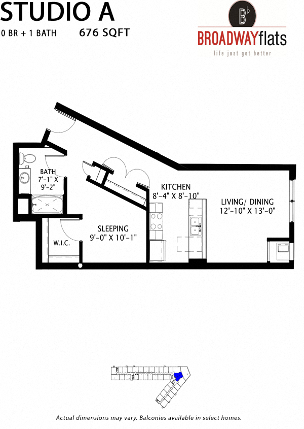 Floor plan for studio, 1 bath, 676 sqft