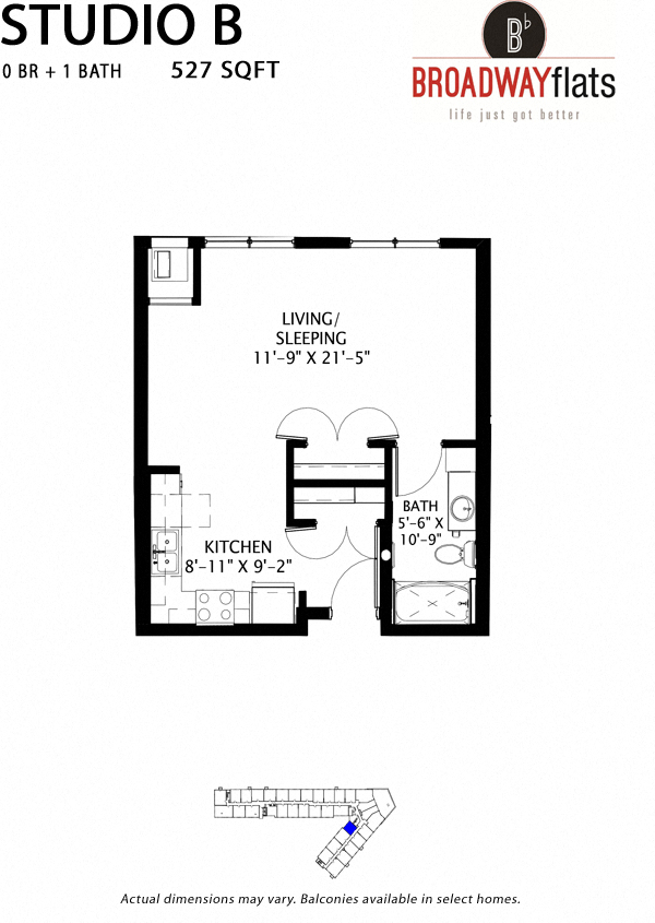 Floor plan for studio, 1 bath, 527 sqft