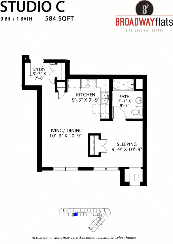 Floor plan for studio, 1 bath, 584 sqft