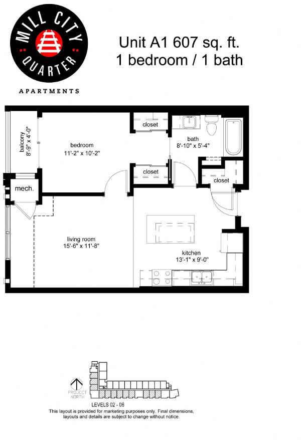 Floor plan for 1 bed, 1 bath, 606 sqft