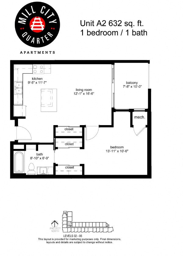 Floor plan for 1 bed, 1 bath, 630 sqft