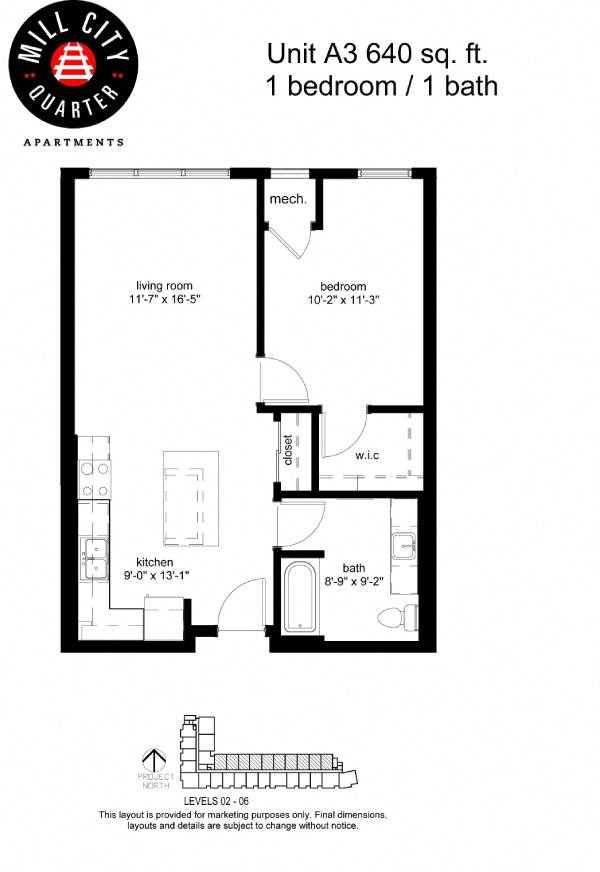 Floor plan for 1 bed, 1 bath, 640 sqft