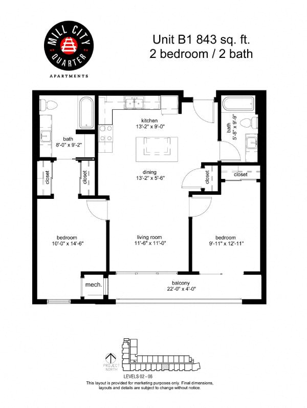 Floor plan for 2 beds, 2 baths, 843 sqft