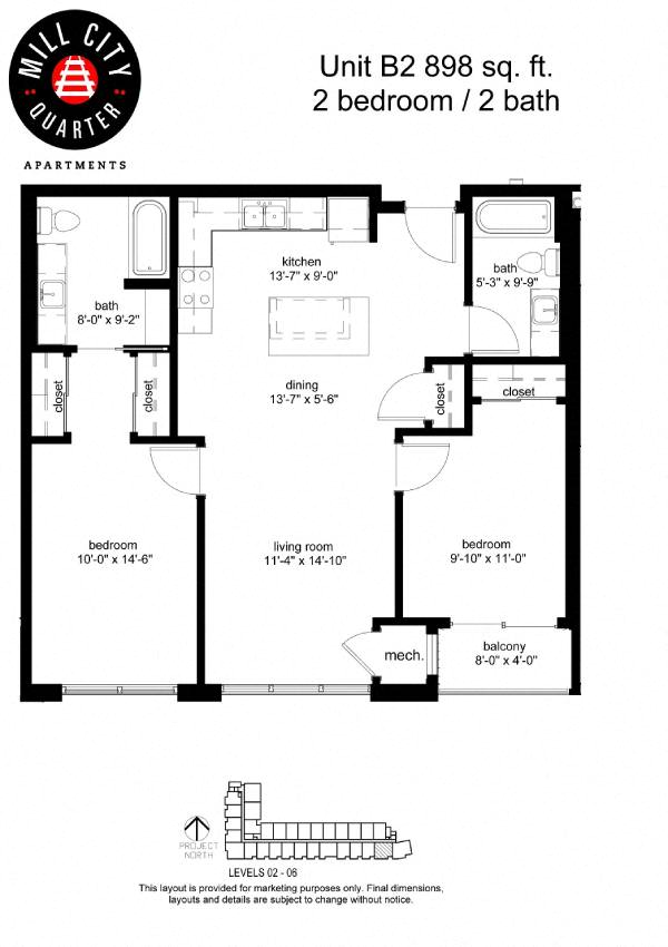 Floor plan for 2 beds, 2 baths, 898 sqft