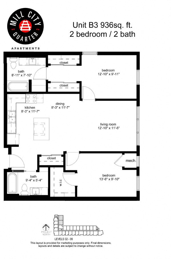 Floor plan for 2 beds, 2 baths, 936 sqft