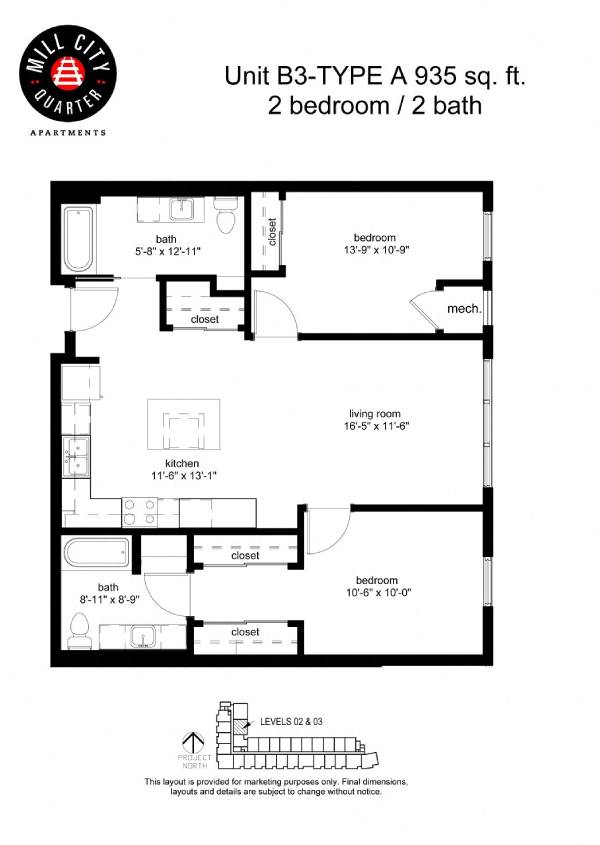 Floor plan for 2 beds, 2 baths, 934 sqft