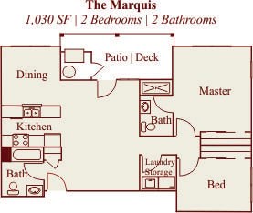 Floor plan for 2 beds, 2 baths, 1030 sqft