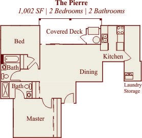 Floor plan for 2 beds, 2 baths, 1002 sqft