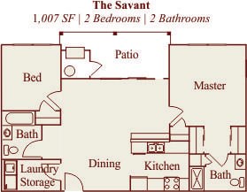 Floor plan for 2 beds, 2 baths, 1007 sqft