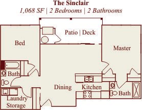 Floor plan for 2 beds, 2 baths, 1068 sqft