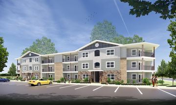 Newburgh apartment for rent - a rendering of an apartment building with a yellow car in front of it