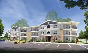Newburgh apartment for rent - a rendering of an apartment building with a yellow car in front of it