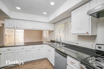 Spring house for rent - a kitchen with white cabinets and black counter tops