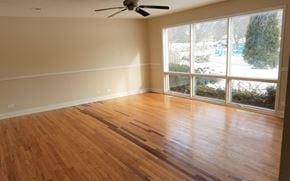Mundelein house for rent - an empty living room with wood floors and a large window