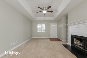 Senoia house for rent - a living room with a fireplace and a ceiling fan