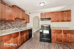 Apopka house for rent - a kitchen with wooden cabinets and a stove and a sink