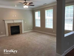 Lawrenceville house for rent - a living room with a fireplace and a ceiling fan
